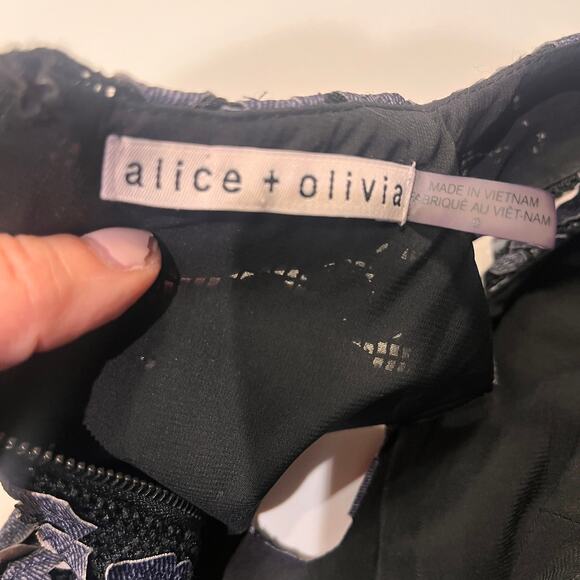 Alice + Olivia Blue Floral Aplique Fonda Crew Sleeveless Fit and Flare Dress 0 - Picture 8 of 14